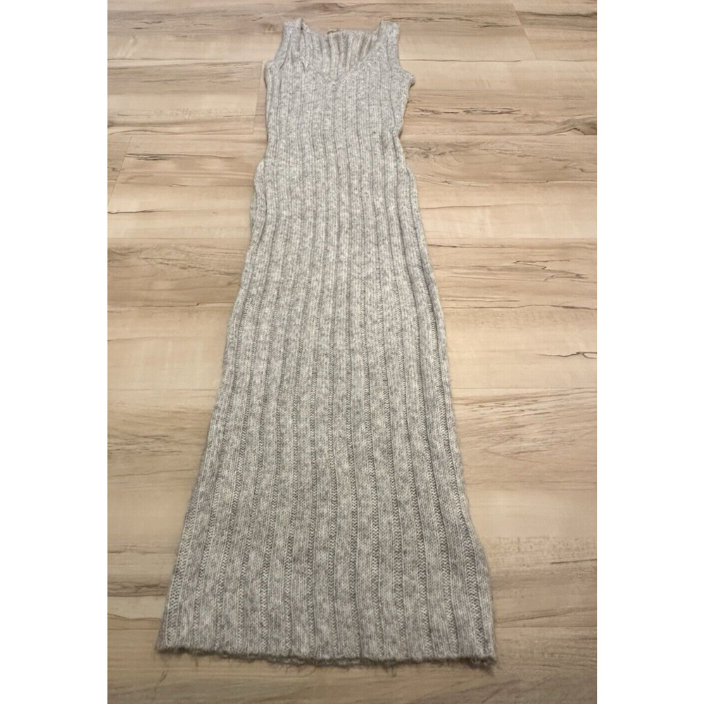 Happily Gray Women Sweater Dress Midi Knit V-neck Short Sleeve Ribbed Gray NWT